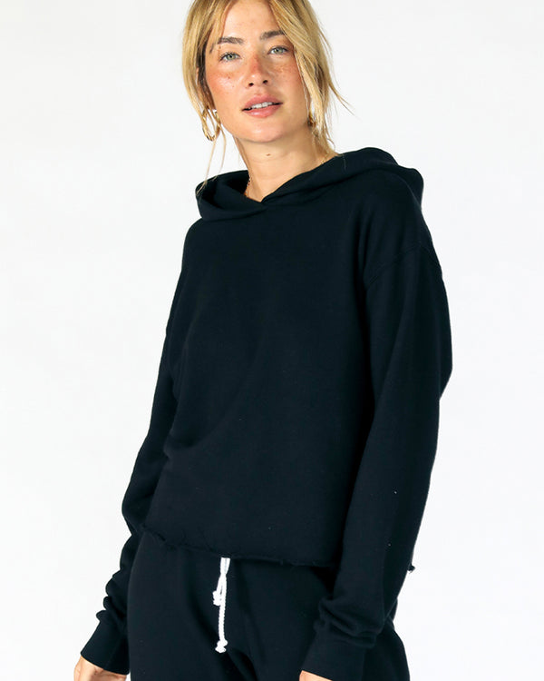 Perfectwhitetee Cash French Terry Cut Off Hoodie in True Black