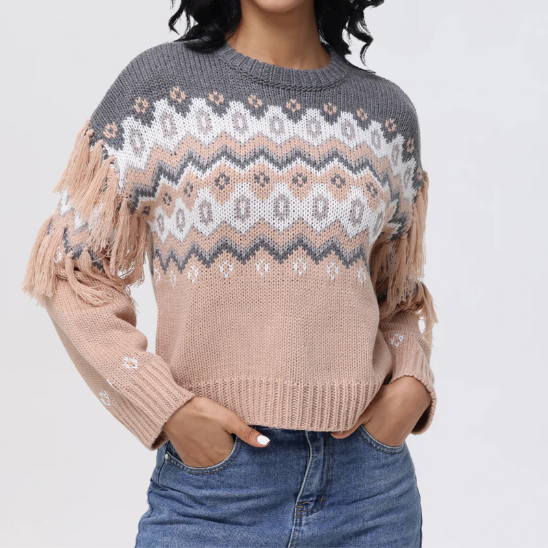 525 FRINGE FAIR ISLE SWEATER IN LT TAUPE