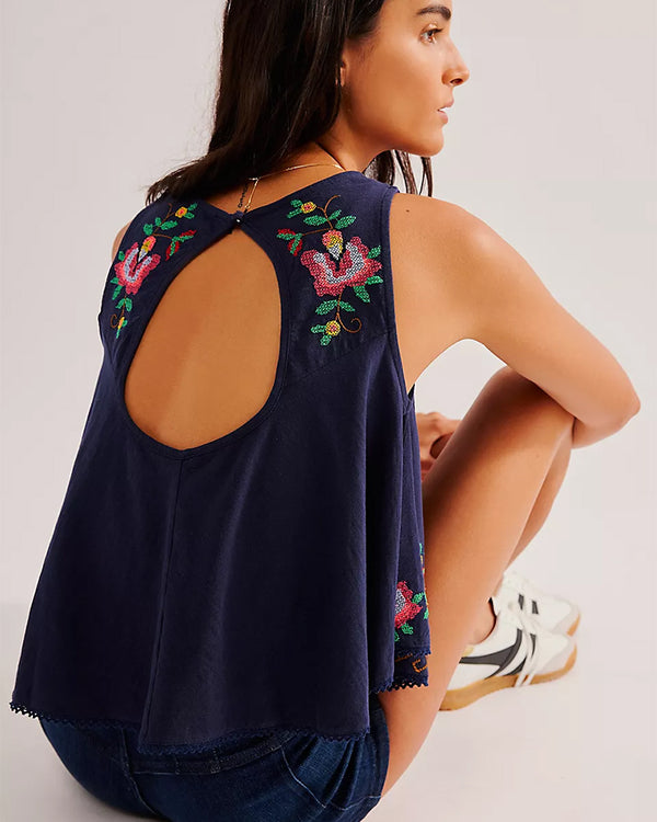 Free People Fun and Flirty Embroidered Tee In Cobalt Blue Combo