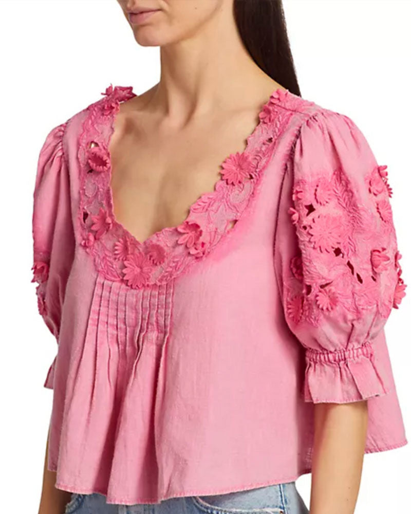 Free People Sophie Embroidered Top In Hot Pink