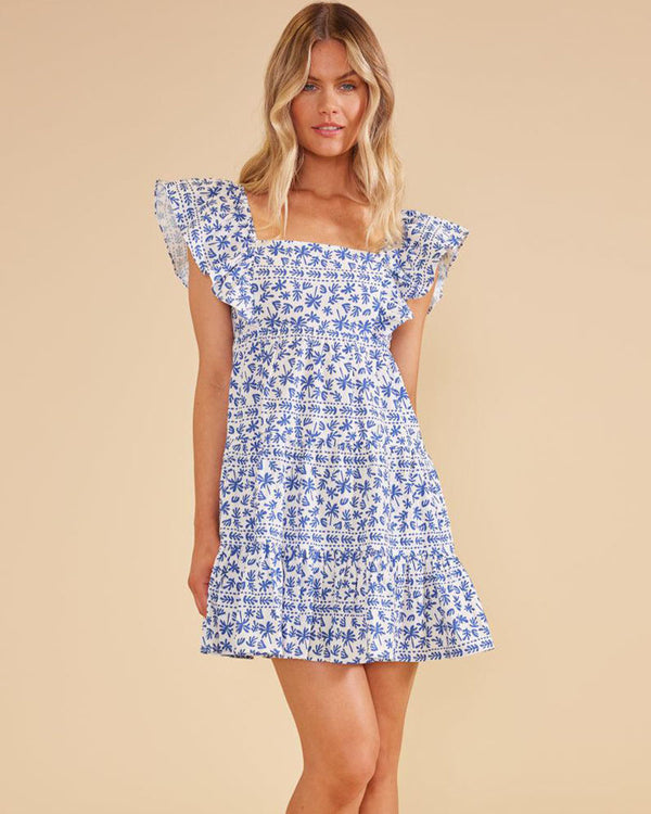 Mink Pink Ithica Ruffled Mini Dress In Blue/White