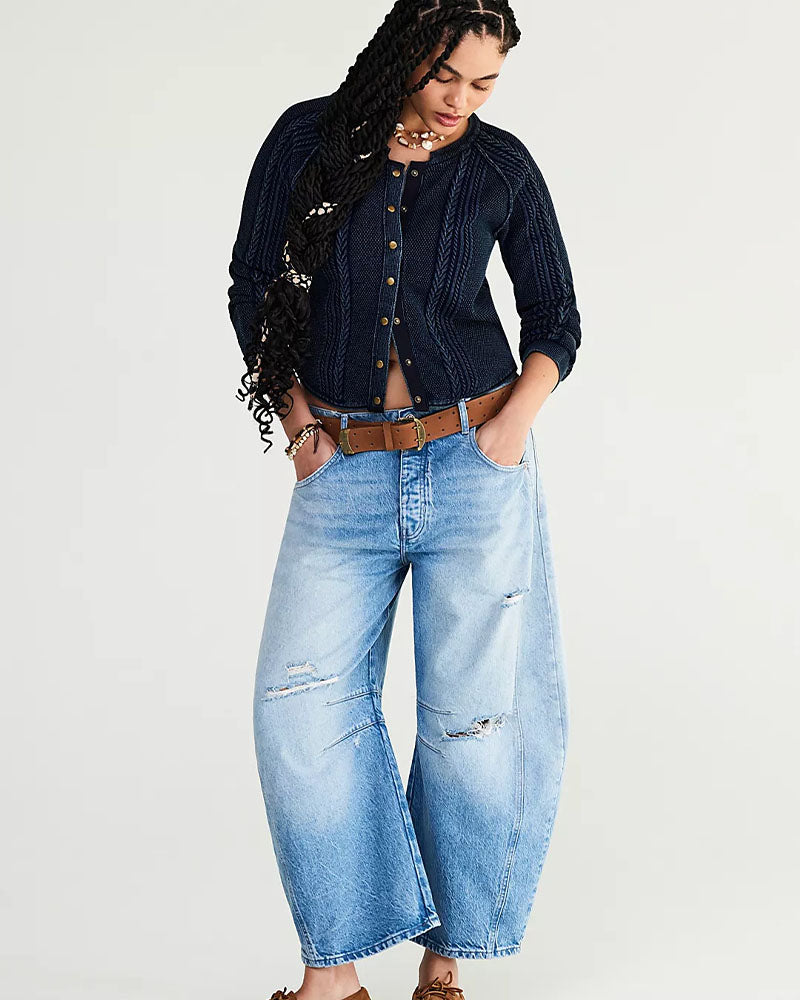 Free People Good Luck Mid Rise Barrel Jean In Barnyard Blue