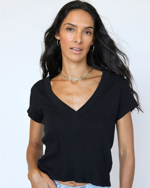 Perfectwhitetee Bobby Variegated V Neck In True Black