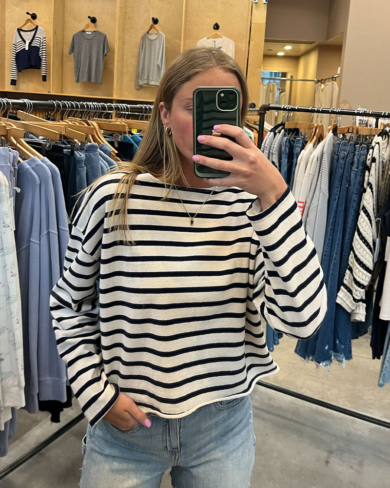 Perfectwhitetee Taylor LS Stripe Top In Navy/White