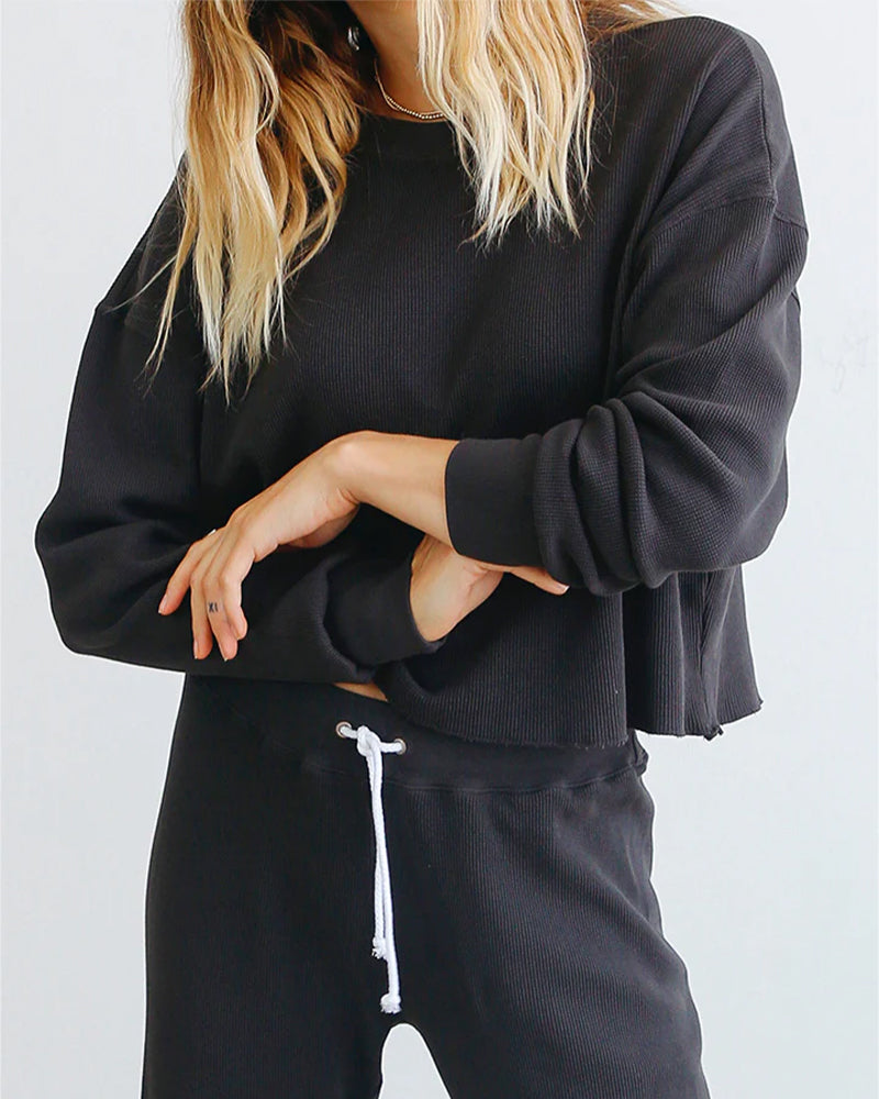 Perfectwhitetee Crosby Cotton Waffle Pullover in True Black